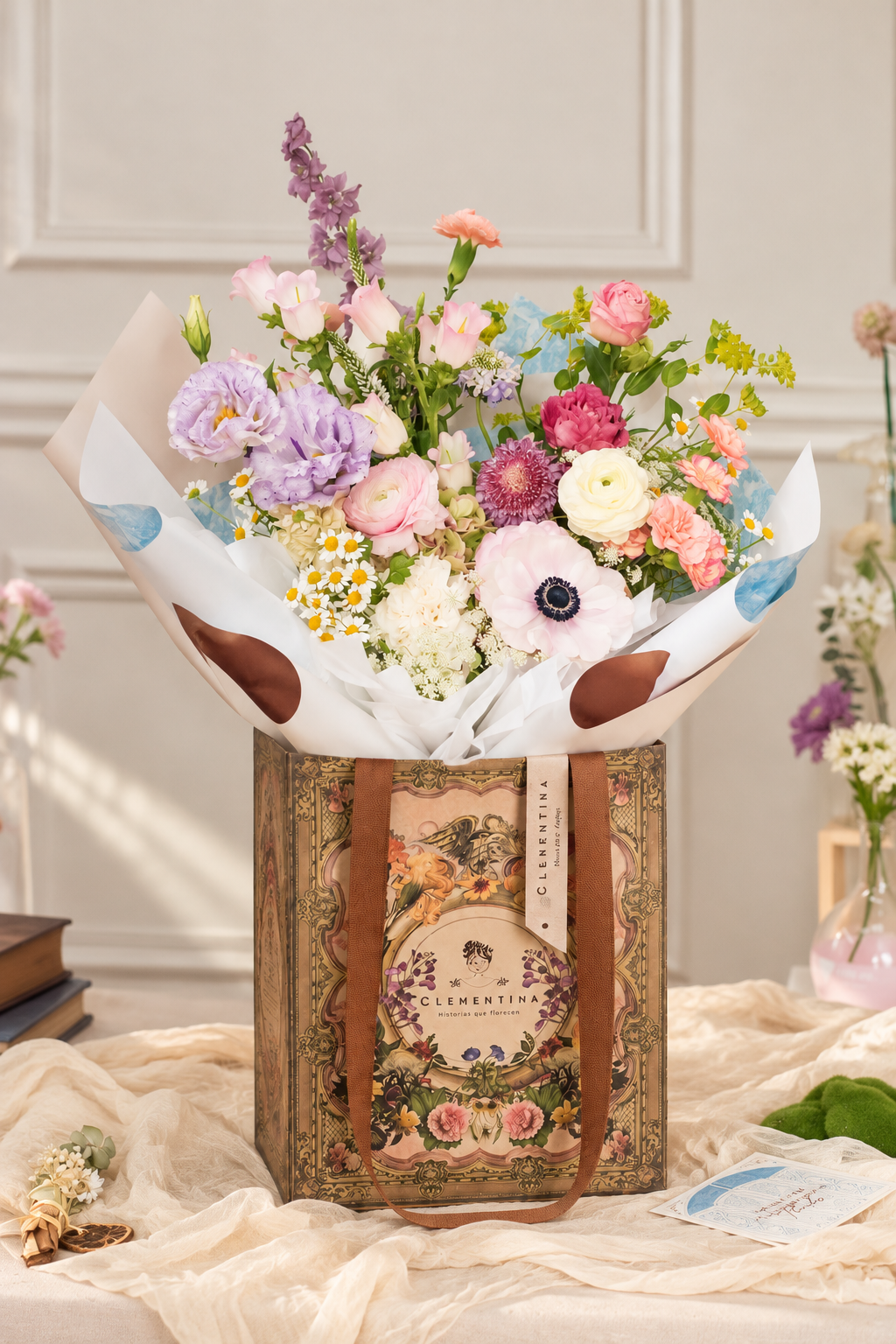 Bouquet Land of Happiness en papel de arroz perfumado y caja ilustrada coleccionable, con lisianthus, ranúnculos y anémonas, Clementina Medellín